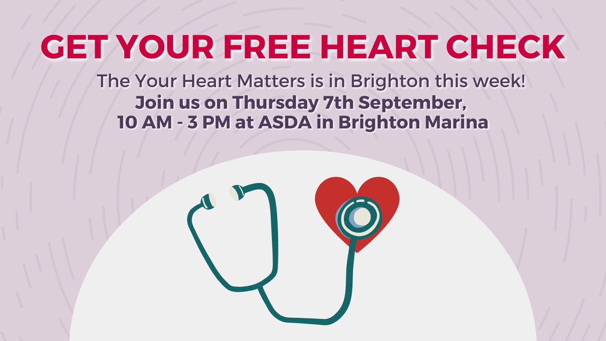 We're in Brighton THIS WEEK giving out free heart checks on the #YourHeartMatters big blue bus. Details below:

 🕙10 am - 3 pm 
 🏪ASDA Brighton Marina
 🩺Free, no need to book 

Share with your friends to raise awareness of heart valve health ❤️