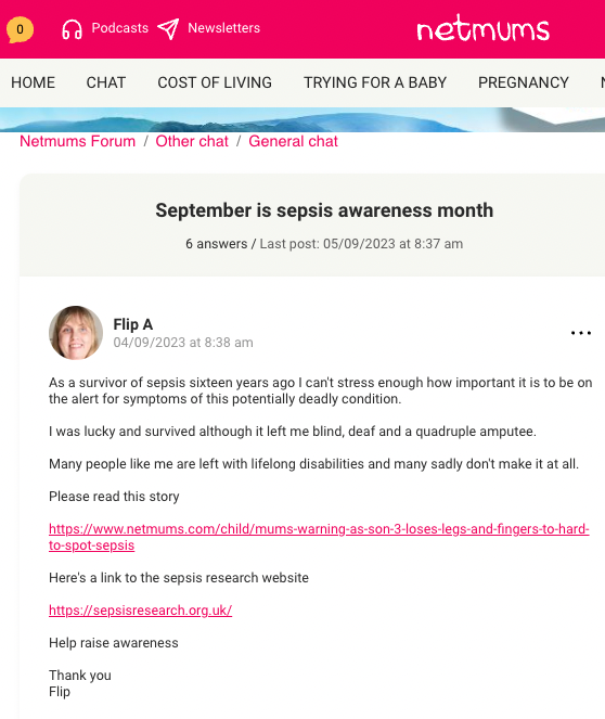 Did you know sepsis kills more people than lung cancer? Thanks to Flip A who shared a personal story about sepsis on our Forum. We've been writing about how the signs of sepsis can be hard to spot. All parents should be alert to it! netmums.com/coffeehouse/ot… #SepsisAwarenessMonth