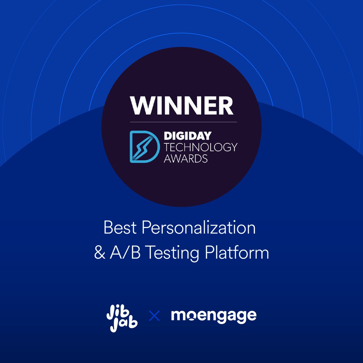 moengage's tweet photo. We're thrilled to celebrate our client, @JibJab , for their incredible win at this year's prestigious @Digiday Technology Awards! 🏆
Your dedication to enhancing the brand experience has truly paid off. Cheers to more success in the future, Team @JibJab 💙
#DigidayAwards https://t.co/ABM3zYoFyx