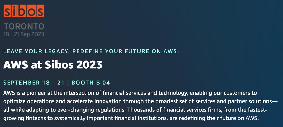 Join thousands of financial services firms, from the fastest-growing fintechs to systemically important financial institutions, are redefining their future on AWS

#AWS #Sibos2023 #ISO20022 #FinancialServices #Fintech #Innovation #FSI #SIFMU bit.ly/3ExdJrD