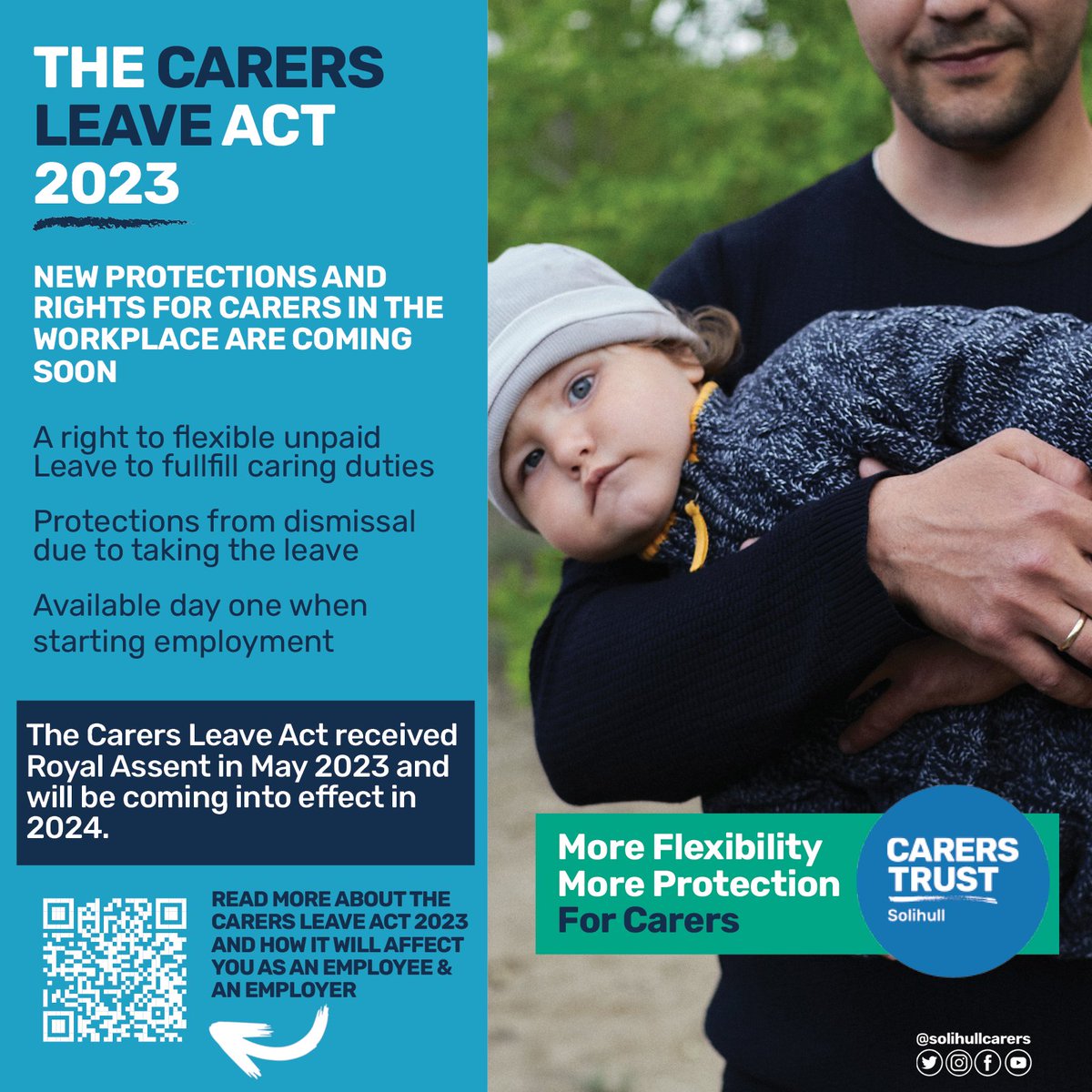 Great news for all #unpaidcarers with the passing of the Carers Leave Act 2023! To understand what it means for you then scan the QR or here buff.ly/44DO7nB #unpaidcarers #carers #carersleaveact #carersleave #flexibility #protection #charity #solihull #UK @SolihullCouncil