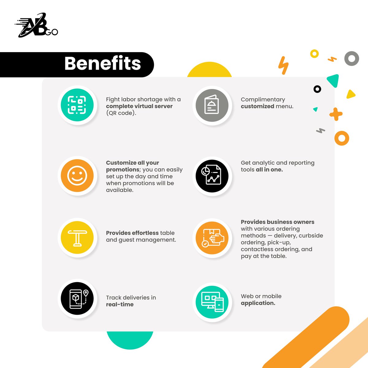 ABGOeats's tweet photo. Discover the incredible benefits of AB Go, your trusted online platform! With AB Go, you can enjoy this and more. 🍽️💯
#ABGO #virtualrestaurants #delivery #curbsidepickup #takeawayfood #onlinerestaurant #integratedtools #bettercustomerexperience #completesolutions https://t.co/QRT5m4uwGw
