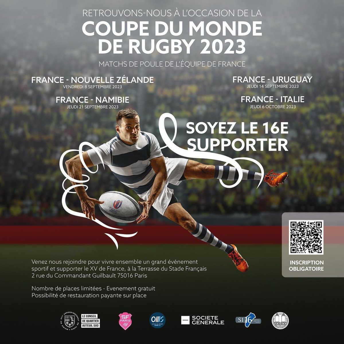 Tous ensemble derrière l’équipe de France 🇫🇷 

👋 À l’occasion de #rugbyworldcup2023, nous vous donnons rendez-vous dès le 08 septembre prochain à la Terrasse du Stade Français.

⚠️ inscription obligatoire, via le site de la Mairie du XVIème. (nb de places limitées).