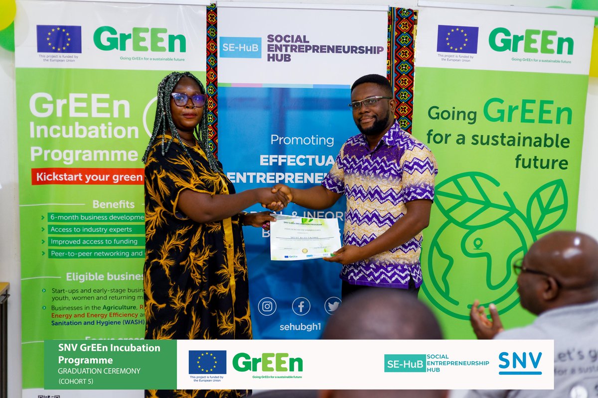 Cohort 5 of the SNV Ghana GrEEn Incubation Program has officially graduated! 

Congratulations to these entrepreneurs on completing their journey towards a greener, more sustainable future.

#AfricaTrustFund #GrEEnProject #sehubgh1 #SNVGrEEnIncubation #GreenBusiness