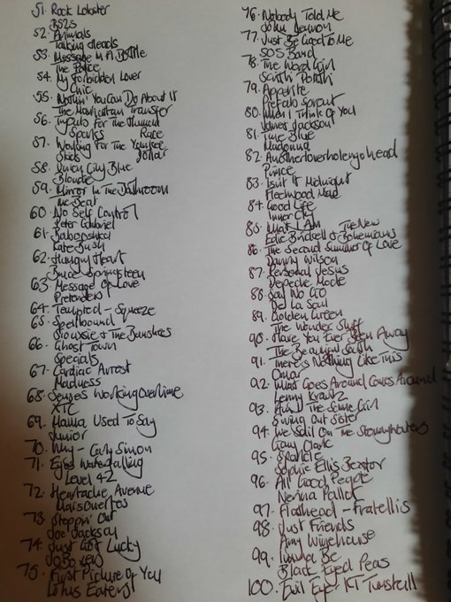 JohnBensalhia's tweet photo. Try as I might, I can't whittle it down to my #20tracks - I can write down my #100tracks instead.
Hope you can read my terrible handwriting. https://t.co/1AiCB2M1U9