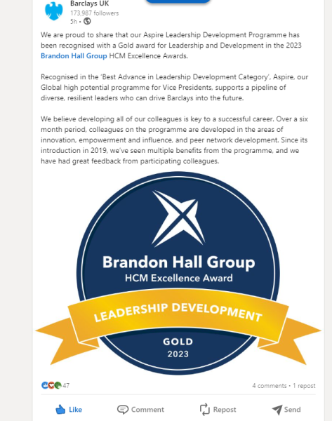 karengoold's tweet photo. Absolute privilege &amp; pleasure to work as one of the facilitation &amp; #Hogan coaches on this. An amazing &amp; inspirational team, &amp; for Barclays to be recognised this way is fantastic news.  

#LeadershipDevelopment #leadership #selfawareness #communicationskills #executivecoaching https://t.co/9TCC37MuXT