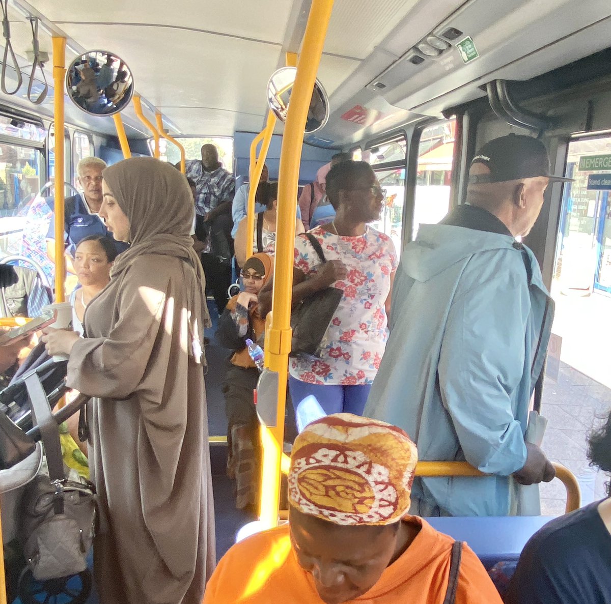 On the 260 bus 15 minutes ago, near Harlesden High Street, the woman standing up, in the light brown abaya was verbally abused by the man by the door in the pale blue hooded jacket. He referred to her as a jihadi, referred to her muslim faith and swore at her, all the time