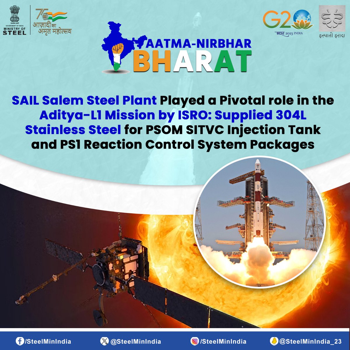 SteelMinIndia's tweet photo. SAIL #SalemSteelPlant's contribution to #AdityaL1Mission: Supplied corrosion-resistant #304L Stainless Steel showcases the power of #ISRO and #SAIL partnership in advancing India's scientific goals through innovation and collaboration.🚀🛠️
#SpaceExploration #AtmanirbharBharat https://t.co/1KnwzRhMnh