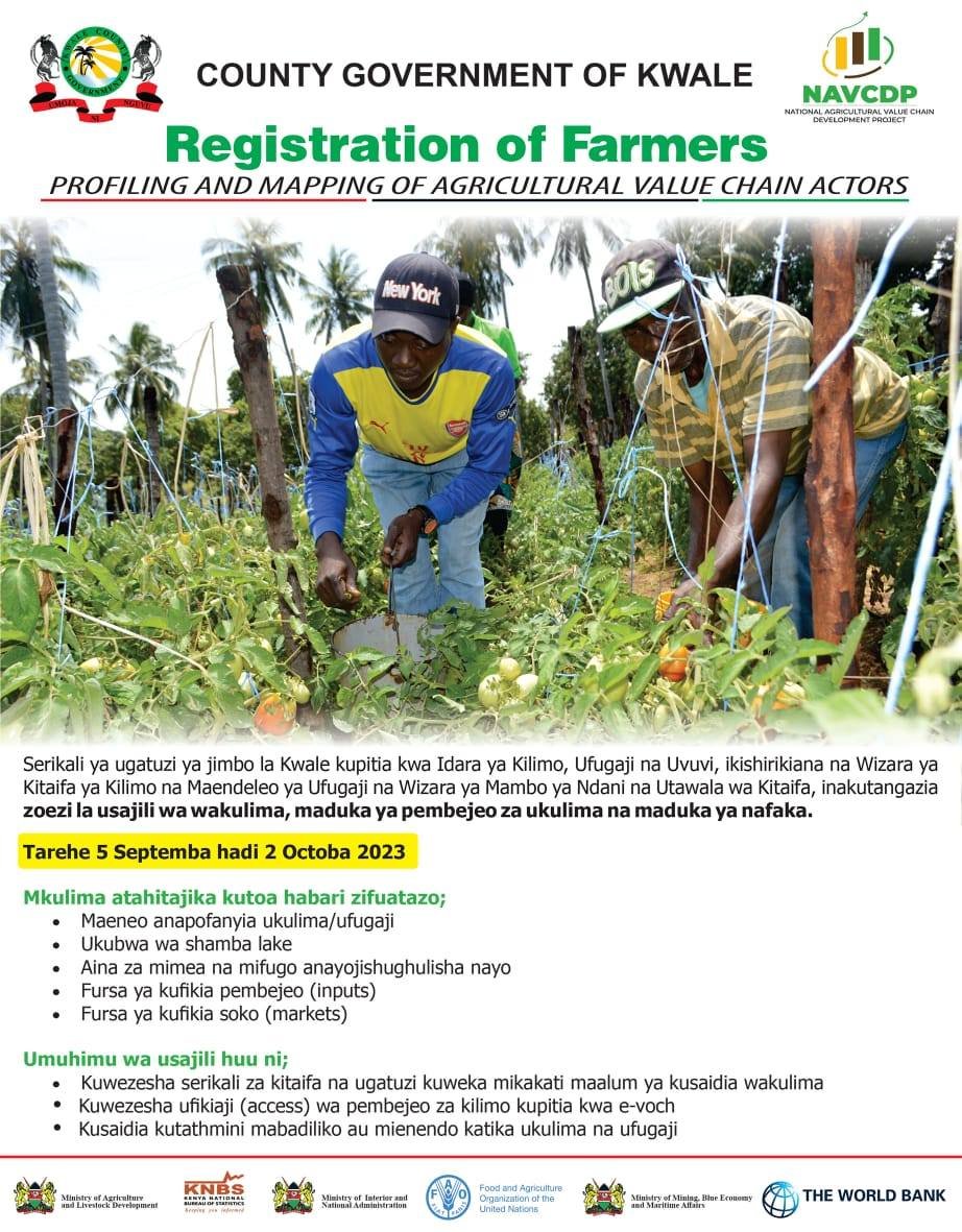 RadioKaya's tweet image. Serikali ya kaunti ya Kwale ikishirikiana na serikali ya kitaifa, inapanga kuanza zoezi la kusajili wakulima wa maeneo yote ya kaunti hiyo. Zoezi hilo litaanza tarehe 5 Septemba hadi tarehe 30 Septemba.

#NationalAgriculturalValueChainDevelopmentProject
#NAVCDP
#Registration