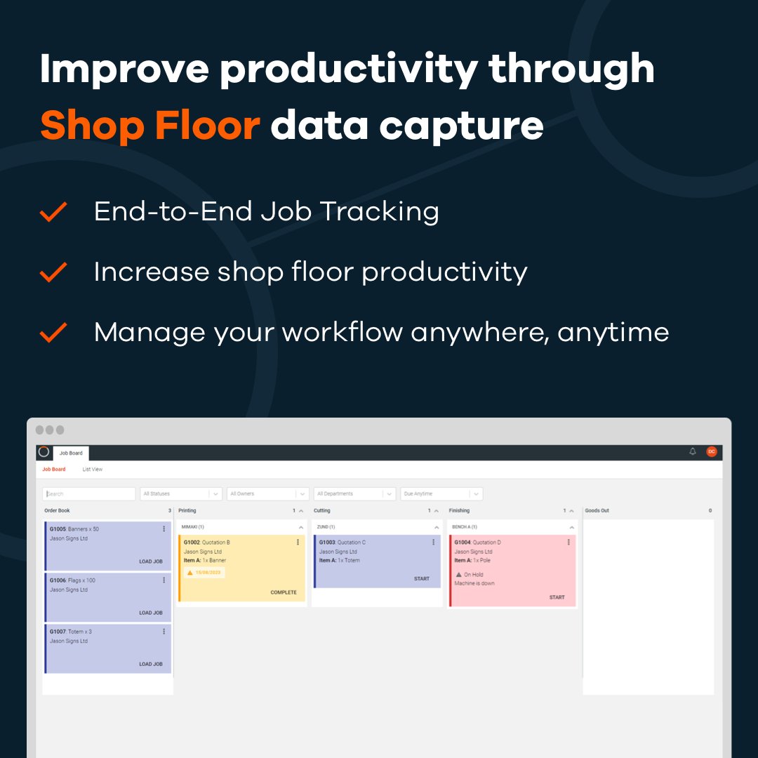 Imagine one tool to manage your entire production workflow?

🔹 Track jobs from end-to-end with Clarity's Job Board
🔹 Complete transparency over your Shop Floor
🔹 Customise to fit your workflow
🔹 Proof of Delivery App

Get a free demo today at clarity-software.com