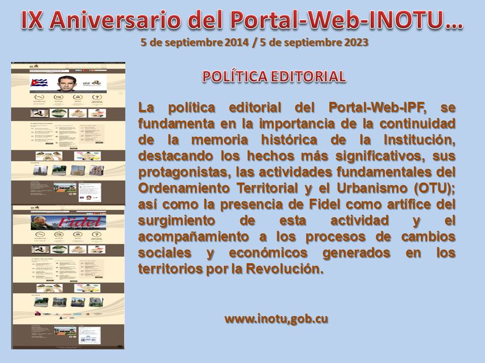 Seguiremos trabajando para nuestro pueblo por un Ordenamiento Territorial y Urbanismo sostenible; fundamentado en la ciencia, tecnología e innovación,  con monitoreo, control, calidad y prontitud.

 inotu.gob.cu  👍🇨🇺👏
