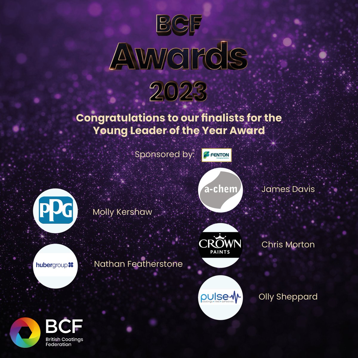 BCFcoatings's tweet photo. Congratulations to our #BCFAwards2023 Finalists!

Here is the Young Leader of the Year Award Shortlist:

Molly Kershaw @PPG 
Nathan Featherstone @hubergroup 
James Davis @achemltd 
Chris Morton @crownpaints 
Olly Sheppard Pulse Printing Products

https://t.co/Sk1yffR9kJ https://t.co/ZcSbM5Q9Ei