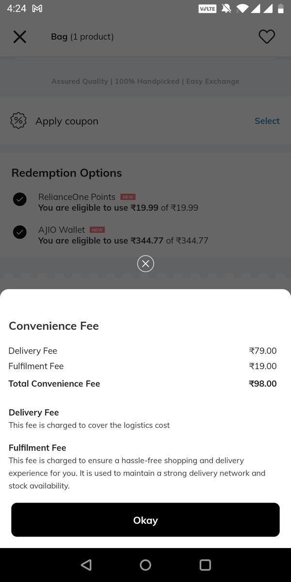 mitudhayal's tweet photo. What is this fulfillment fee? If something out of stock then it is.. you could use only one thing "delivery charges".
@AJIOLife @reliancejio #mukeshambani #no #blue #tick #on #your #account. https://t.co/kJVhmVS8fG