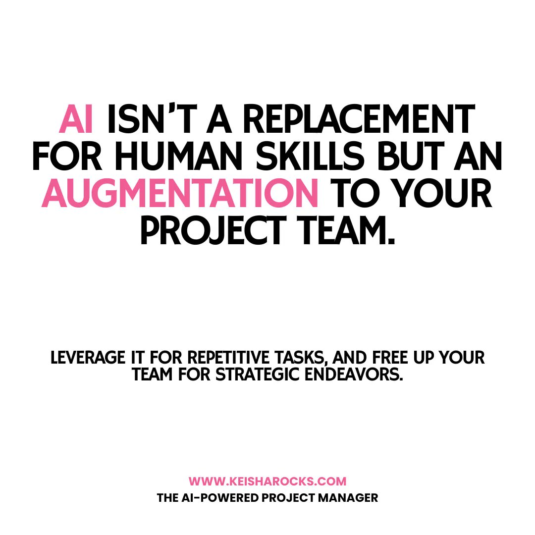 KeishaRocks's tweet photo. Think of AI not as a rival, but as your ally. While we navigate the complexities and intricacies of our projects, let AI handle the mundane. This partnership doesn't just save time; it elevates our role, enabling us to focus on the bigger picture and drive true innovation. https://t.co/BpUoy5oQhv