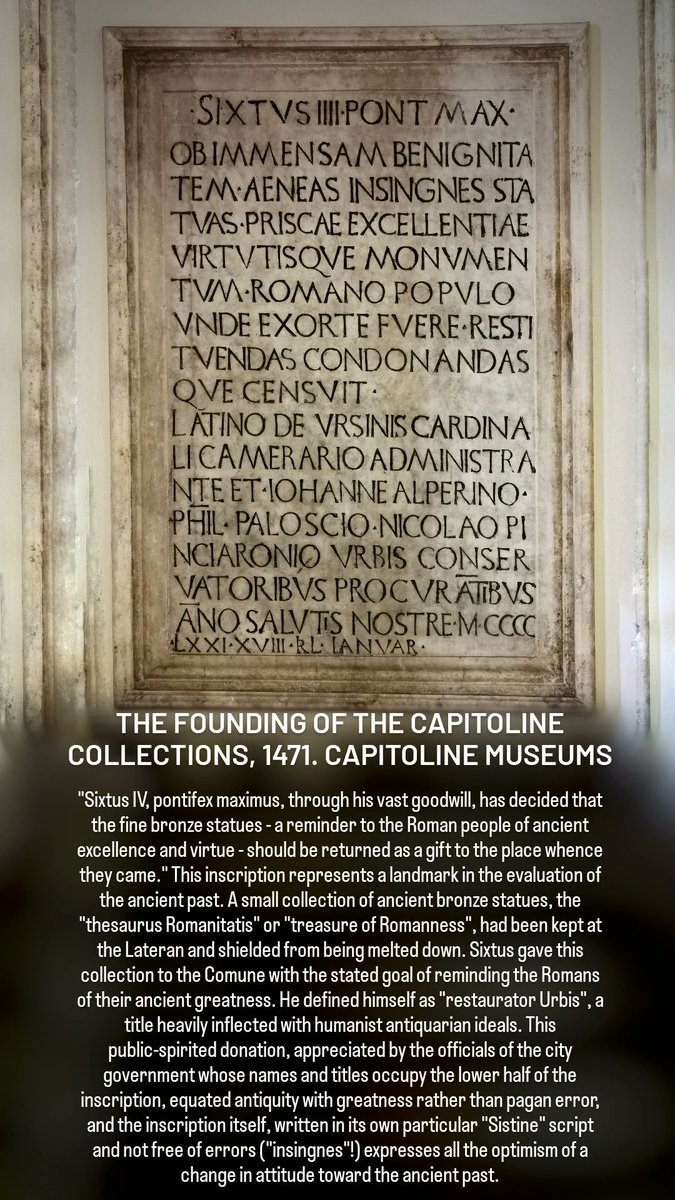 For #EpigraphyTuesday, in an acceptably classicising script, we have possibly the most momentous piece of #classicalreception in #Rome, #SixtusIV's foundation of what would become the #CapitolineMuseums. No #Christian triumph, but a hope that we might learn from the ancient past.