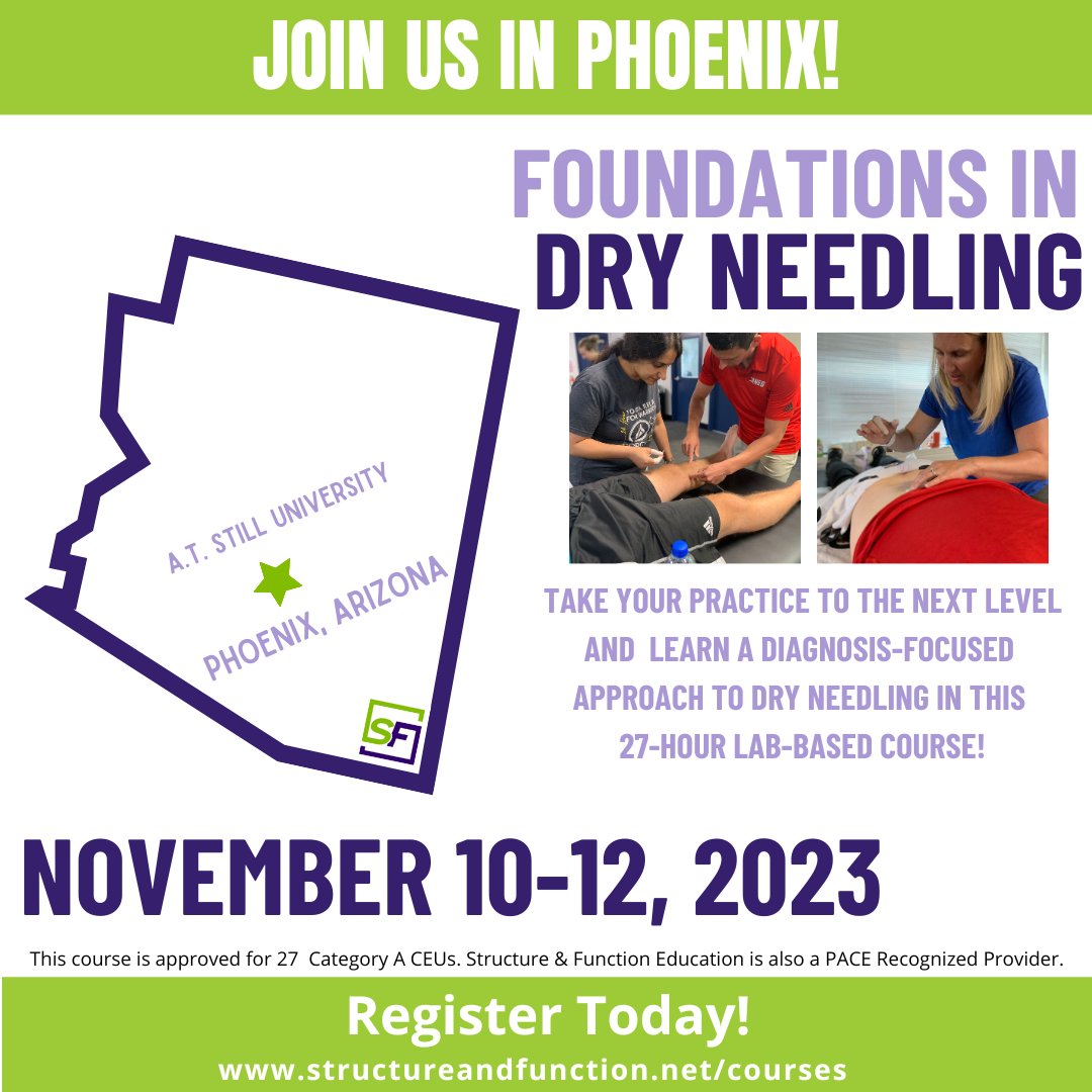 sfdryneedling's tweet photo. 1 WEEK LEFT TO SAVE! The early bird discount ends on 9/12 for the Foundations course in Phoenix, AZ, on Nov 10-12! Learn fundamental needling skills &amp; ways to restore function! Qualifies for 27 CEUs!

Register 👉 https://t.co/wIRQiVroxv
Use EB38541 thru 9/12 for $150 off! https://t.co/RZIxeq6pU5