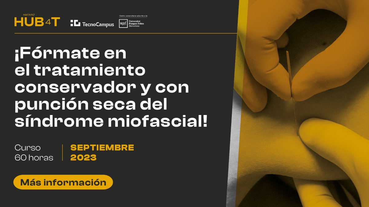 Fórmate en el diagnóstico del síndrome del #dolormiofascial💆 y su tratamiento, con técnicas de #fisioterapia conservadora y #punciónseca, con el 🆕 curso de <a href="/TecnoCampus/">TecnoCampus</a>

⏰ 60 horas
🗓️ Septiembre 2023

🤓 <a href="/_MikiMartinez/">Miki Martínez</a>
🤝 <a href="/TravellySimons/">Travell y Simons</a>

📲 Infórmate
bit.ly/3Zr6FpI