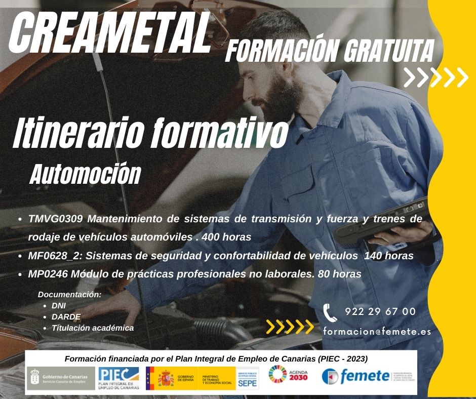 Femete's tweet photo. 🆕Nuevos cursos gratuitos en automoción y electricidad como oportunidades de #empleo https://t.co/F37i5IFS2u Proyecto CreaMetal que financia el PIEC-2023, @SCEmpleo, Gobierno de Canarias y Servicio Público de Empleo Estatal SEPE ☎️ 922296700 📩 formacion@femete.es 👌 https://t.co/ujWTtE0aQy