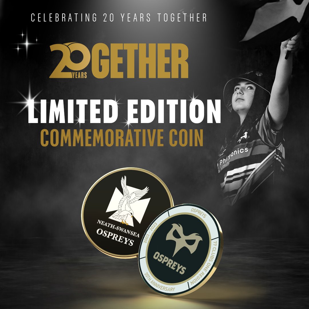 20 years ago today the Ospreys played their first ever fixture, hosting Ulster Rugby at the Gnoll 🖤 To celebrate our 20th Anniversary today we're releasing a Limited Edition Commemorative Coin 🪙 To purchase one of the Commemorative Coins click here 👉bit.ly/3L6UFEs