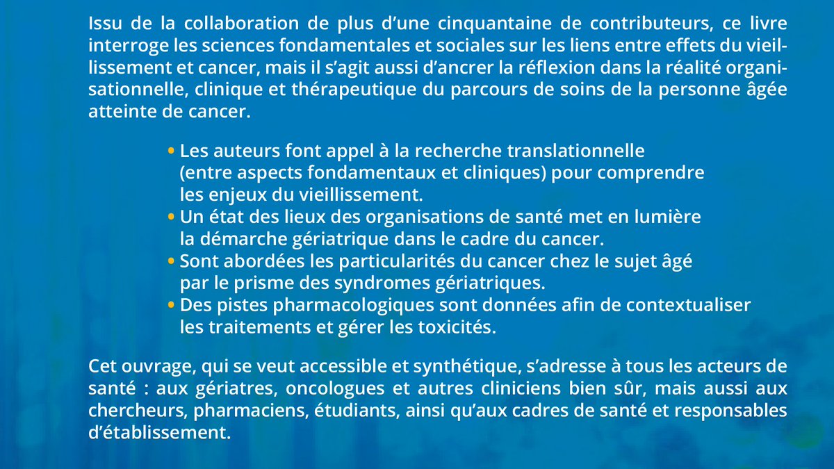 📌A paraître le 5 octobre !
"Vieillissement et cancer"
Fondamentaux, organisations et soins : toutes les réponses à vos questions
Coordonné par <a href="/Dedeckerlaure1/">de Decker laure</a> et Prof. Pierre Soubeyran.
En pré-commande : librairiemedicale.com/fr/catalogue/d…
#oncogériatrie #evaluationgeriatrique #oncologie
