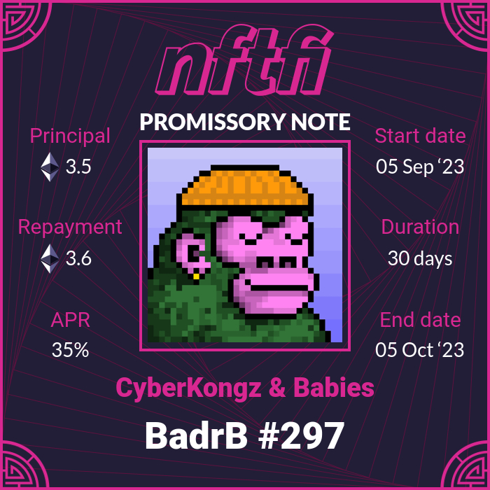 New loan started on CyberKongz: BadrB #297
    
Loan: 3.5 wETH
Repayment: 3.600685 wETH
Duration: 30 days
APR: 35%
  
app.nftfi.com/assets/0x57a20…

#cyberkongz