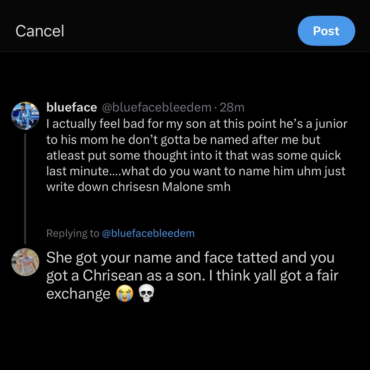 Stephquees's tweet image. Blueface really bothered cause his son name Chrisean 😭💀