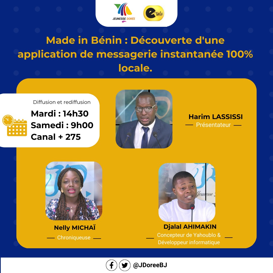 🟥 L'innovation béninoise ! 🔥

<a href="/NellyMichai/">Nelly MICHAÏ</a> reçoit sur le plateau de #innovar , Djalal Ahimakin , créateur de #Yahoublo, une application de messagerie instantanée 100% locale.  

Si vous souhaitez en savoir plus suivez nous sur <a href="/etelelive/">E-Télé Bénin</a> 

 #JDoreeBJ #Yahoublo #wasexo