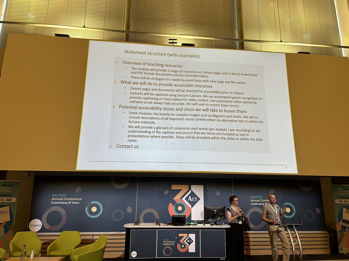 Principles for student facing accessibility statements developed at <a href="/unibirmingham/">Uni of Birmingham</a> include be brief, explain how content is organised, how accessible resources are provided, areas which fall short and mitigations, contact info and signposted from VLE.  Template provided #altc23