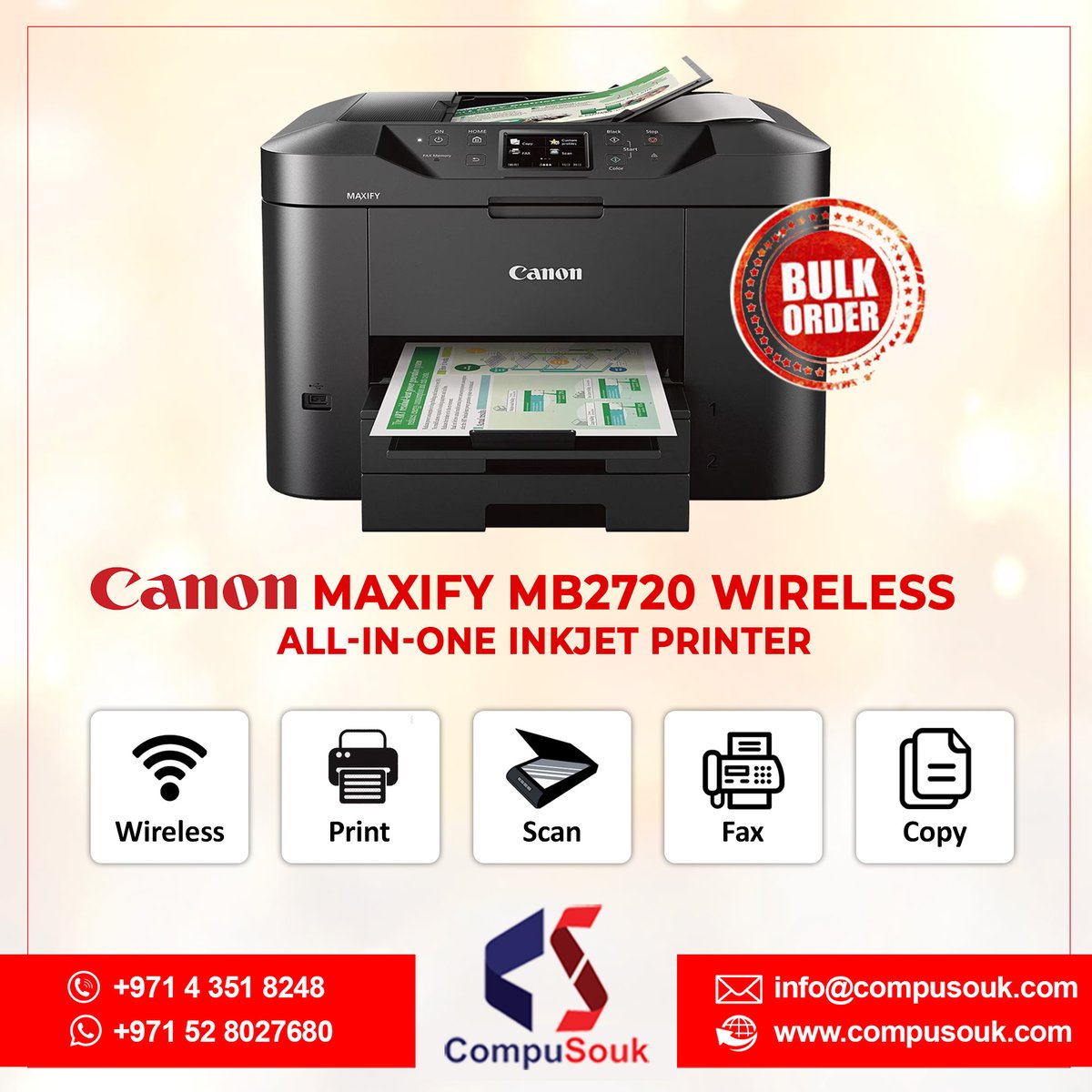 CompuSouk's tweet image. For Wholesalers Only - #Canon MAXIFY MB2720 Wireless #AllInOne #InkjetPrinter

Visit Deals compusouk.com/daily-deals/
Shipping Worldwide
 #AllinOnePrinter #PrinterDeals #InfromationTechnology #ITProducts #Authorisedistributor #DubaiDealer #WholesalePrice #DubaiWholesale