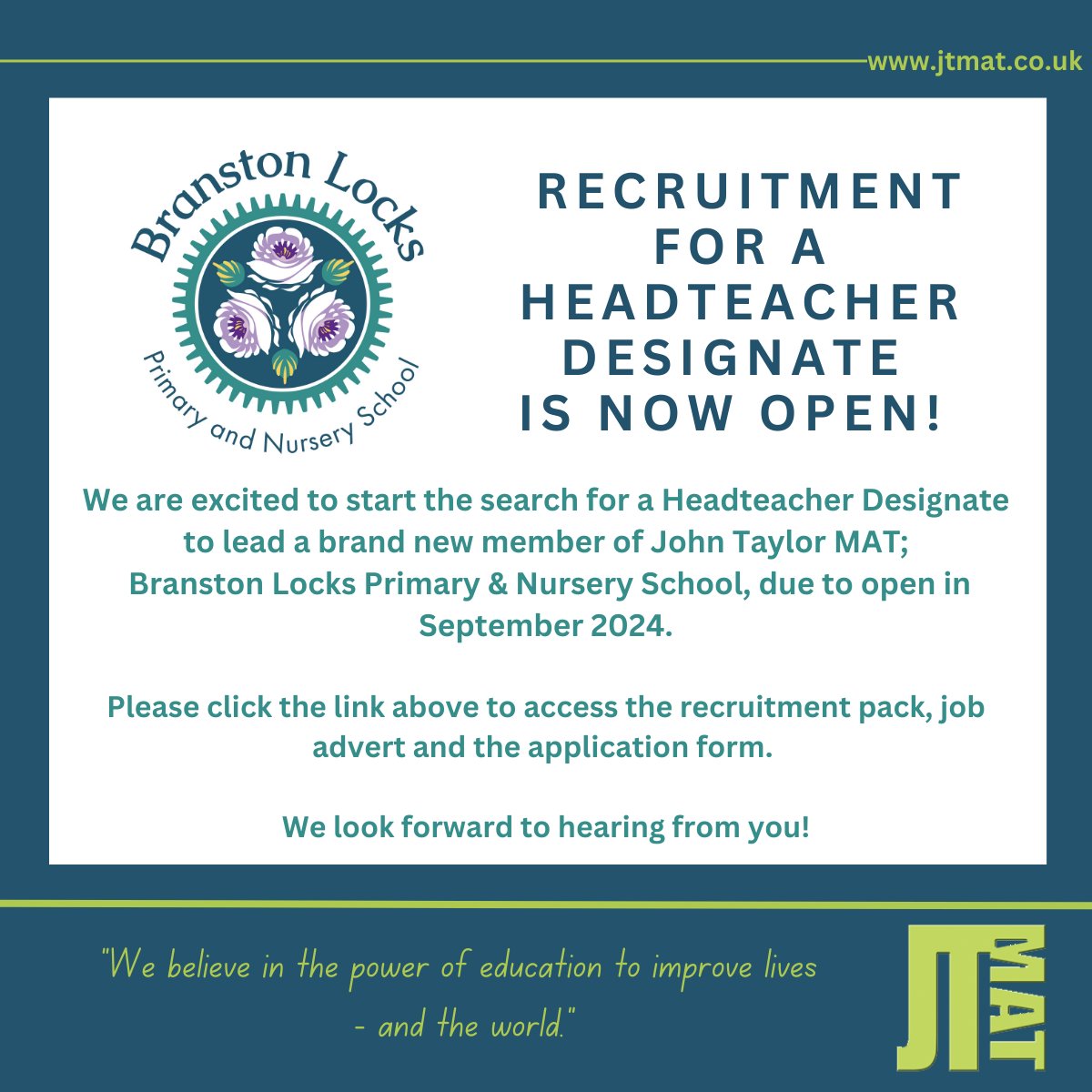 Please click on this link for more information and to apply for this important role in our brand new Primary and Nursery School due to open in September 2024:
jtmat.co.uk/2023/07/21/hea…