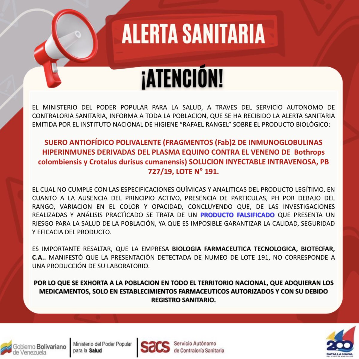 sacs_ve's tweet photo. #DeInterés 📌 | Informamos sobre ALERTA SANITARIA emitida por el Inst. Nacional de Higiene 
“Rafael Rangel” de un producto biológico que no cumple con las especificaciones químicas y analíticas de producto legítimo.

🚨ATENT@S⬇️ https://t.co/PEAbmhumyy