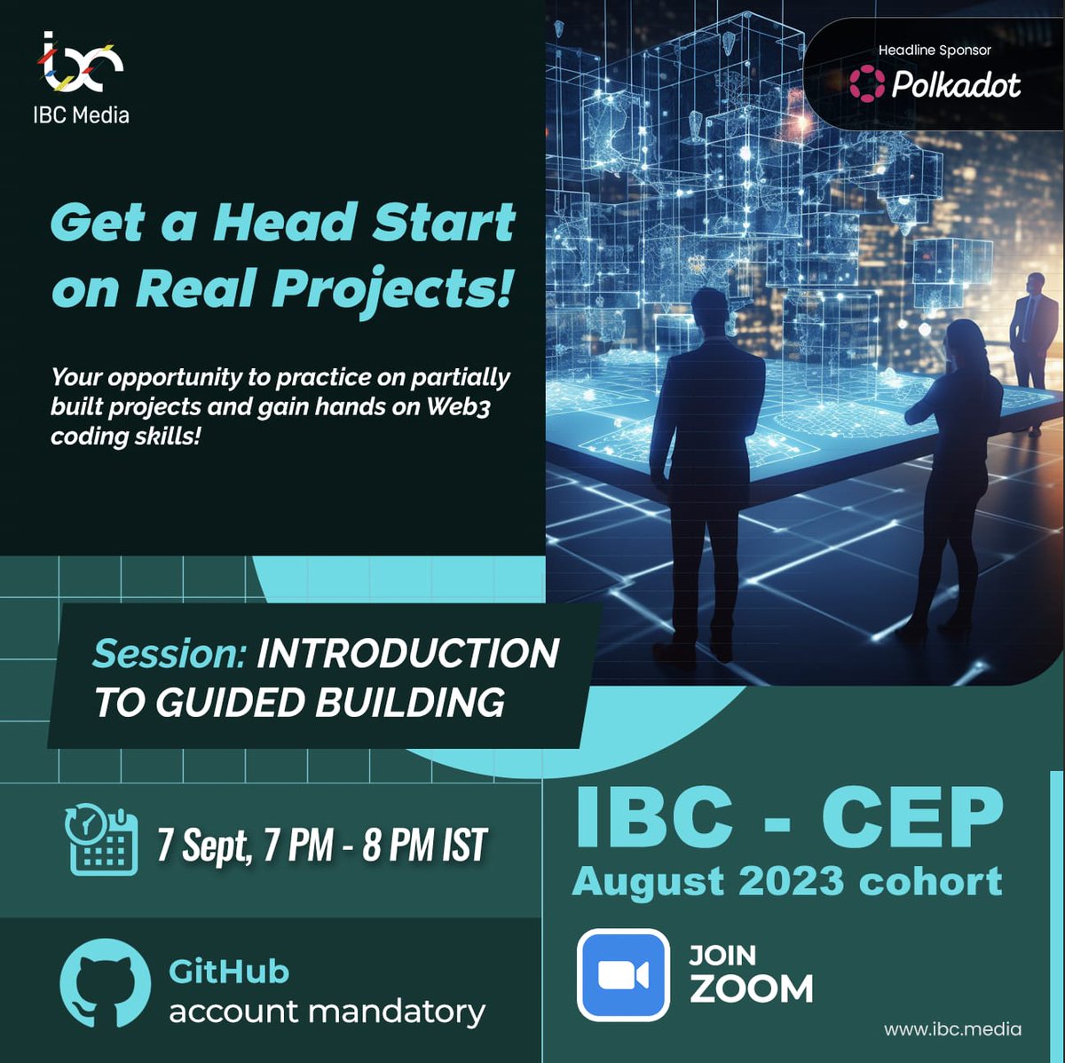 Excited to test your Web3 skills? 🚀 Join our Guided Building session on Sept 7, 7-8 PM IST. Practice before diving into a real project. Be prepared: ✅ GitHub Account ✅ Setup your system ✅ Watch CEP Module 2 sessions. Register now: ibc.media/cep 📋 #Web3 #TechSkills