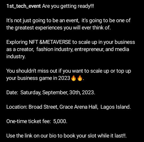 @thesemiilore 1st tech event is one of the biggest techs for NFT and met averse business owners and entrepreneurs. The purpose of this event is to help business owners scale up their various businesses using the world's most popular platforms (NFT and Metaverse. Register now!!!