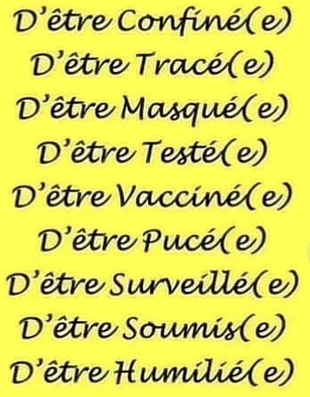 Je refuse d’obéir, je suis un être souverain, mon corps n’est pas à vendre et ni à servir de cobaye pour une science diabolique, je suis dans mon bon droit , et j’applique la loi du consentement libre et éclairé. #DroitDeLhomme
#RésistezPourVousEtLesEnfants