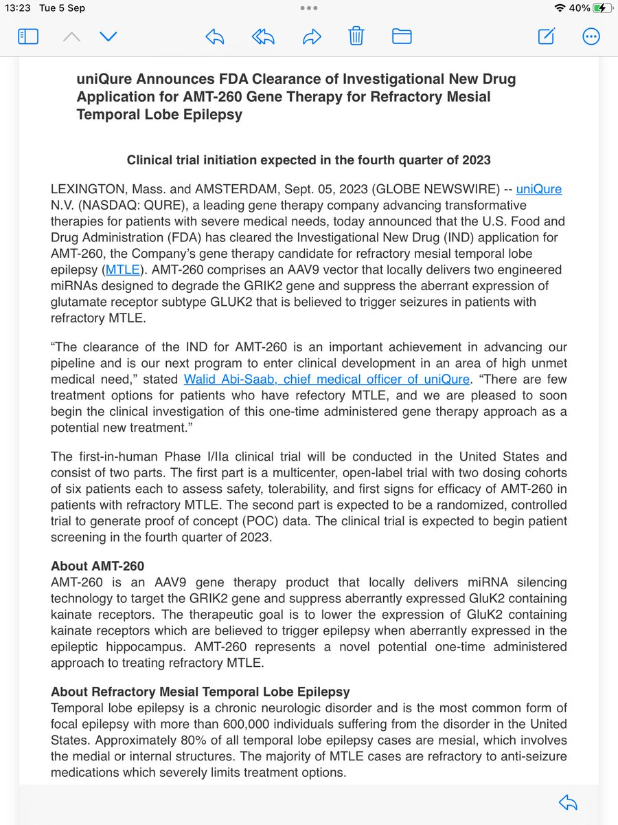 floszcrxl's tweet photo. $QURE Announces FDA Clearance of Investigational New Drug Application for AMT-260 Gene Therapy for Refractory Mesial Temporal Lobe Epilepsy #MTLE #AAV9 https://t.co/v2WngyvXmE