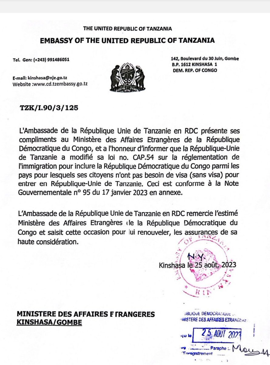 patientanz's tweet photo. Après le #Kenya 🇰🇪, la #Tanzanie 🇹🇿 à son tour supprime le VISA d’entrée pour les ressortissants de la RDC.
Quid de l’#Ouganda 🇺🇬 ?
#EAC #TanzanieRDC https://t.co/RUeUBcD1Pr
