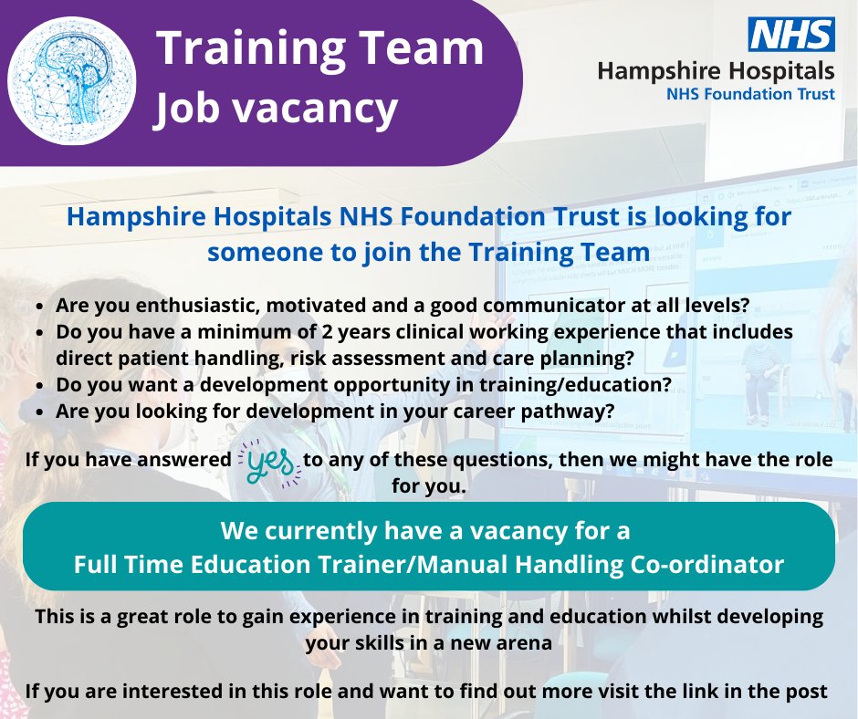 Job Vacancy - Training Team This is an exciting opportunity to join our Education and Training service as an Education Trainer/Manual Handling Co-ordinator. Closing date: 18 September 2023 Link to vacancy: jobs.nhs.uk/candidate/joba…