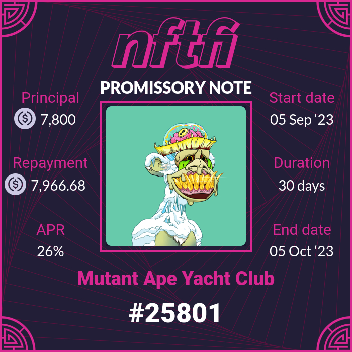 New loan started on MutantApeYachtClub: #25801
    
Loan: 7800 USDC
Repayment: 7966.684932 USDC
Duration: 30 days
APR: 26%
  
app.nftfi.com/assets/0x60e4d…

#MutantApeYachtClub #MAYC