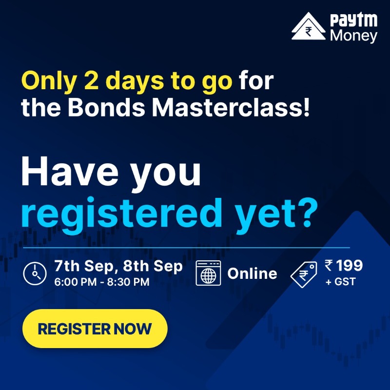 PaytmMoney's tweet photo. Learn key components of Bonds Investing including face value, coupon rates, yield-to-maturity, duration, and convexity in the 2-day Bonds Masterclass and get a certification of learning.
Hurry! Only 2 days to go
#BondsMasterclass #Learn #PaytmMoney #FinancialLiteracy