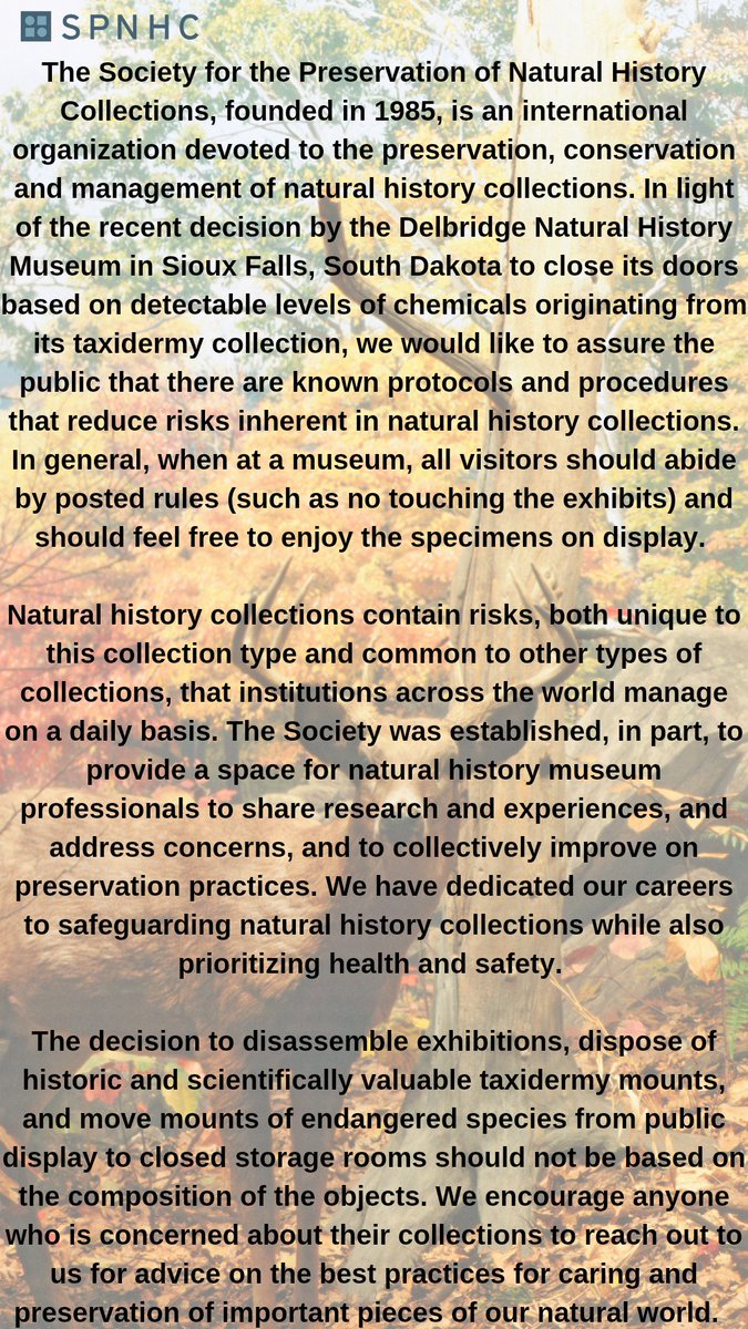 Statement from the Society for the Preservation of Natural History Collections regarding the disposal of taxidermy collections: spnhc.org/spnhc-statemen… Learn more or contact us: spnhc.org/resources/nhco… spnhc.biowikifarm.net/wiki/Main_Page spnhc.org/contact-us/