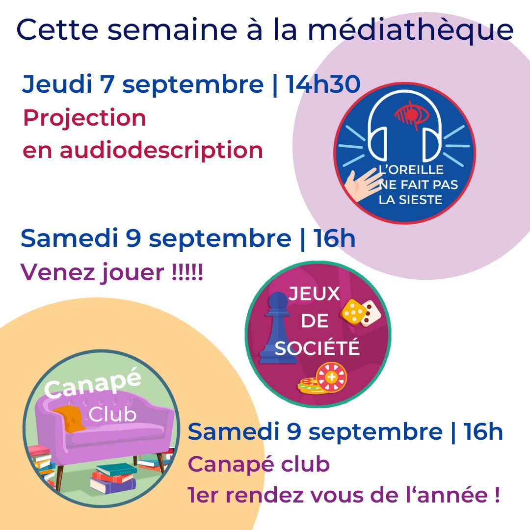 Cette semaine à la médiathèque :
*Jeudi 7 septembre 14h30 Projection en audiodescription
*Samedi 9 septembre 16h Jeux de société
*Samedi 9 septembre 16h Canapé club (ado)
#paris20 #bib2paris