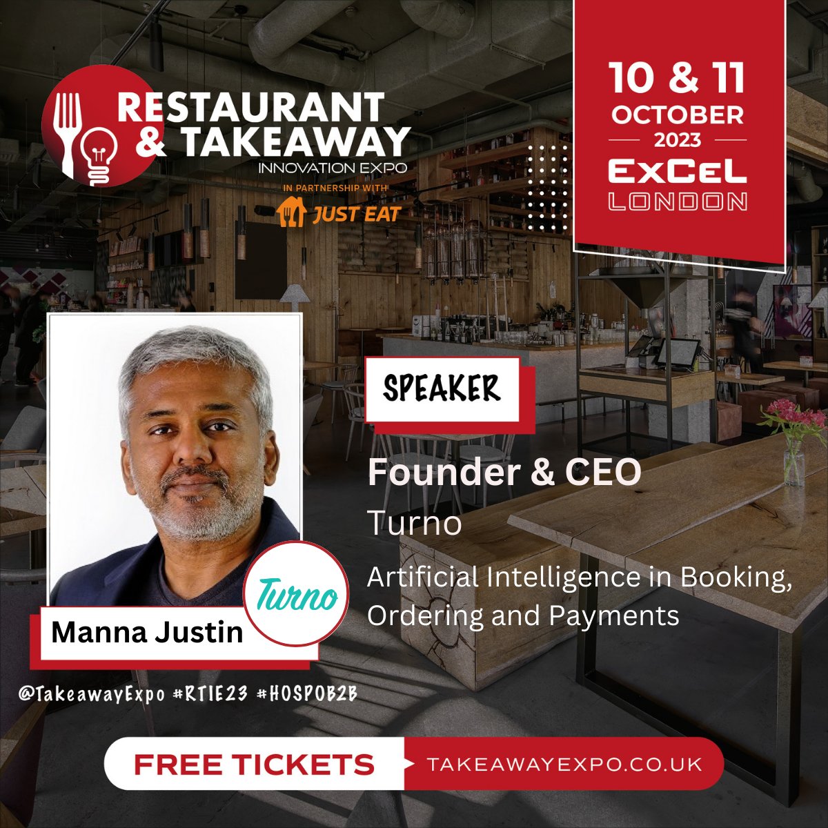 RTIExpo's tweet photo. Manna Justin, Founder and CEO of @AppTurno  will be deliver his seminar 'Artificial Intelligence in Booking, Ordering and Payments'

🎟 Registration is open! 🎟 Get your ticket to secure your seat in his seminar! ➱ https://t.co/e0dSkWTEsV

#RTIE23 #HOSPOB2B https://t.co/6KMy7PI5xj
