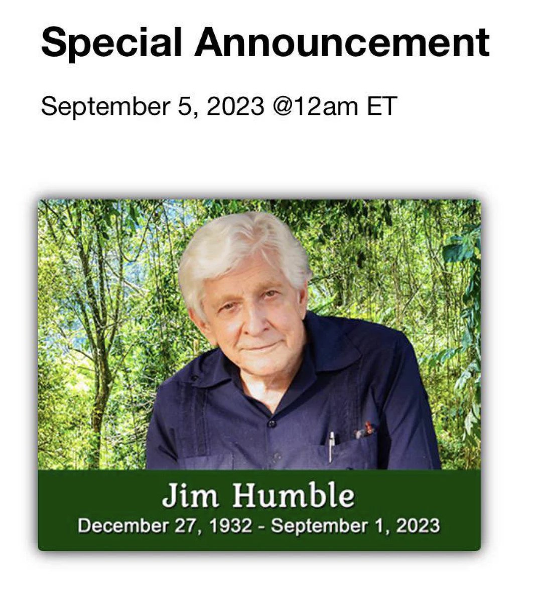 Another freedom fighter passed. Jim Humble - a pioneer in the field of MMS/chlorine dioxide. He was going on 91 years old. The fake news and Pharma shills would attack him mercilessly as being a 'bleach drinker', but he would always persevere. Enjoy Valhalla, good sir.