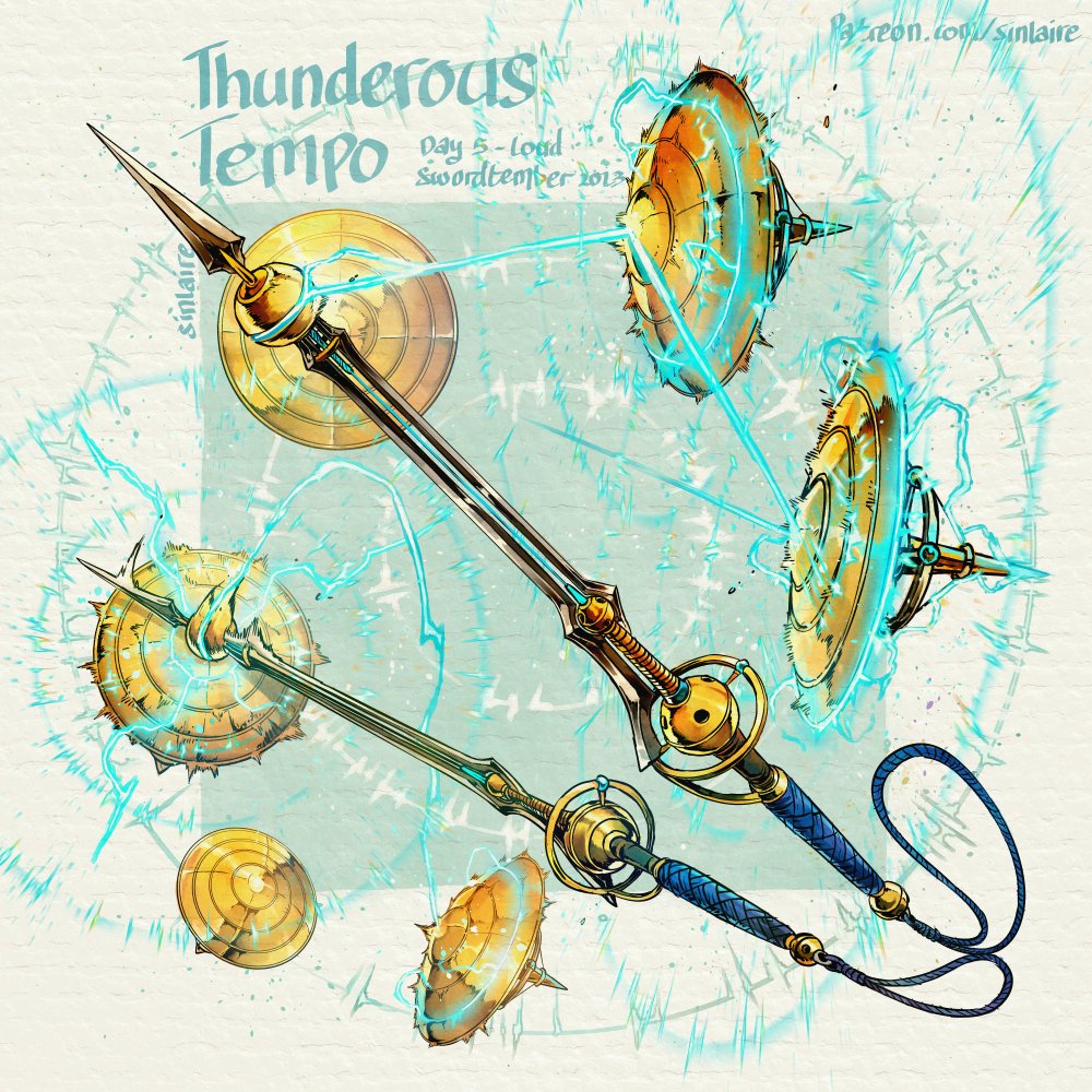 #Swordtember Day 5 - Loud Thunderous Tempo One of 5 instruments created by The Director. Thunderous tempo can emit thunderous waves and convert kinetic energy into electric charges. Hi-res images, stat, and cards available on Patreon #Swordtember2023