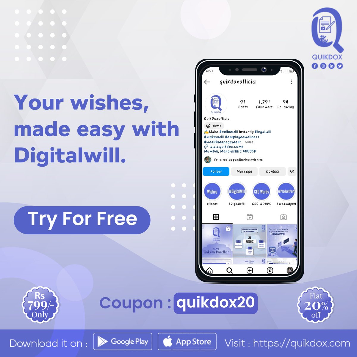 quik_dox's tweet photo. #Quikdox keeps working for you, even after your death. A smarter approach to end-of-life planning. Download today from App Store or Google Play Store. 📲

#digitalwill #onlinewill #instantwill #india #mumbai #will #app #finance #financialmanagement #financialplanning #investment https://t.co/BDFp8YXRyH
