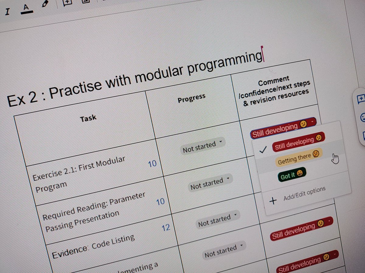 Loving the emojis 😍 in the drop downs on <a href="/GoogleWorkspace/">Google Workspace</a> Docs 📄 to allow learners to show how they're feeling about different elements of programming in <a href="/BraesComputing/">Braes Computing</a> 🧑‍💻