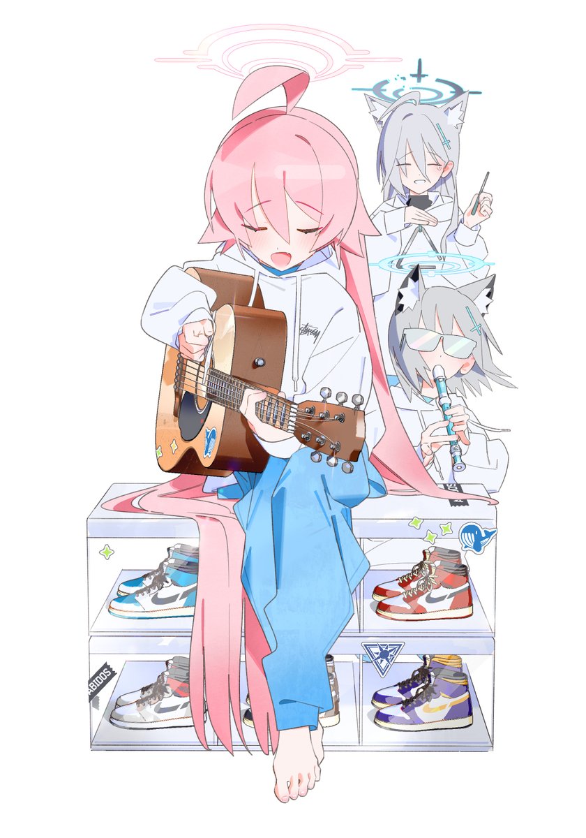hoshino (blue archive) ,shiroko (blue archive) multiple girls instrument music halo shoes barefoot playing instrument  illustration images