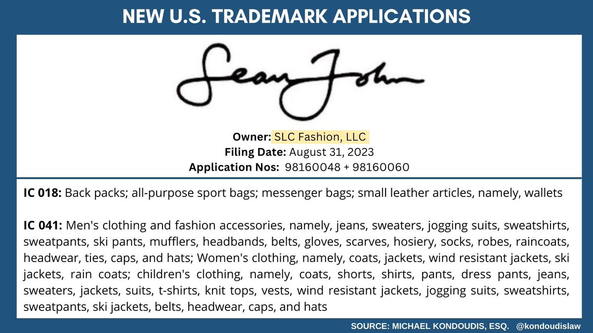 #DIDDY has filed a pair of new trademark applications for his SEAN JOHN mark. The August 31 filings indicate plans for: ▶️ Men’s Clothing ▶️ Women’s Clothing ▶️ Bags + Backpacks ▶️ Headwear #PDiddy #seandiddycombs #seanjohn #BadBoy #NotoriousBIG #fashion #XFashion…