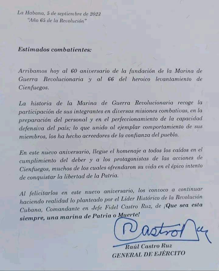 #SeptiembreGlorioso

Envía el General de Ejército Raúl Castro Ruz carta de felicitación a los miembros de la Marina de Guerra Revolucionaria en su día.

#PuebloUniformado
#Redbeldes