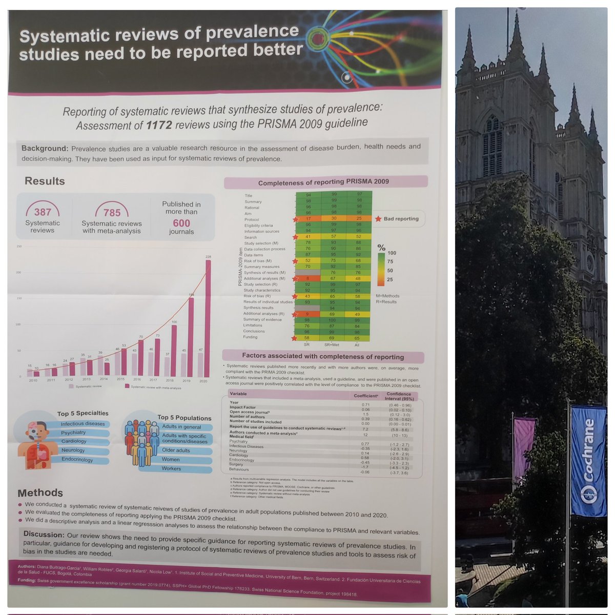 Today at #CochraneLondon 
presenting our poster #2 on the reporting of systematic reviews of prevalence 🤓🤩 #prevalencematters !